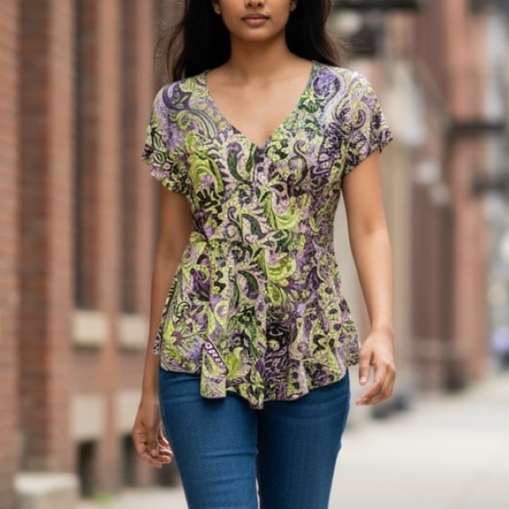 VTG Y2K Babydoll Faux Wrap Asymmetrical Green Purple Paisley Vneck Top Small
